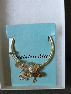 Gold Charm Bangle Bracelet with Crystal and Key Charms